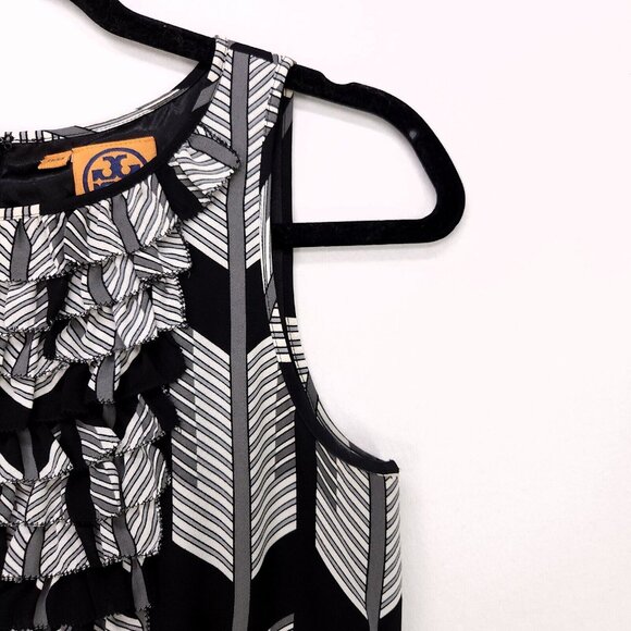 Tory Burch 100% Silk Dress Sleeveless A-Line Ruffle Top Size 2 Chevron Gray - Picture 7 of 13